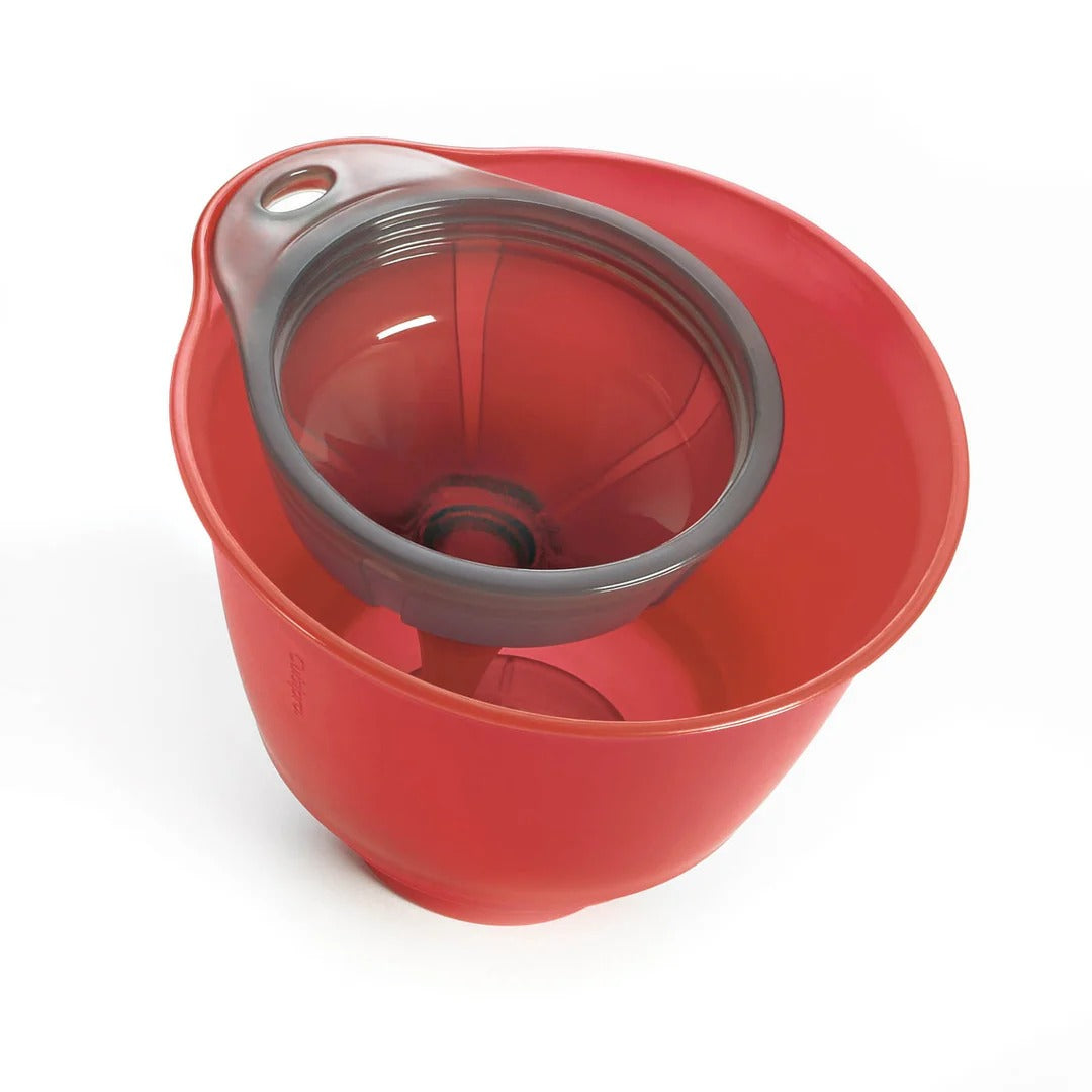Red funnel cup with stainless strainer and built-in pouring insert