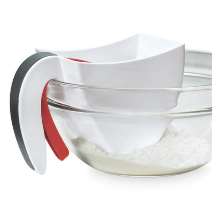 Flour sifter with wire-mesh filter and red scoop insert, side view
