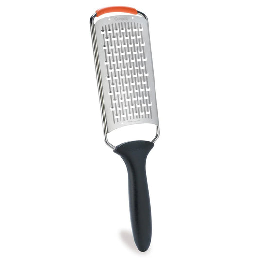 Large box grater with stainless steel shredding face and black handle, orange top