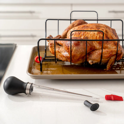 Turkey baster with clear tube and black bulb plus black nozzle and red brush