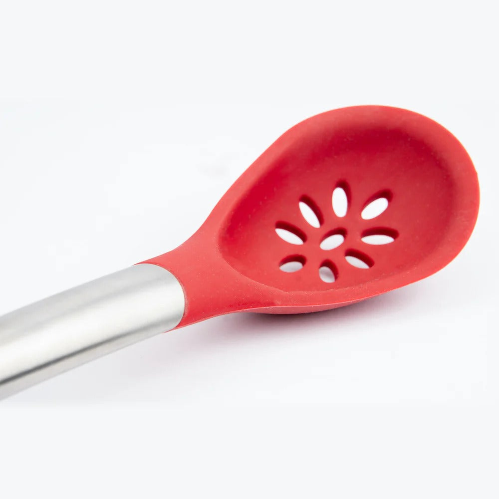 Piccolo silicone slotted spoon with red perforated head and stainless handle