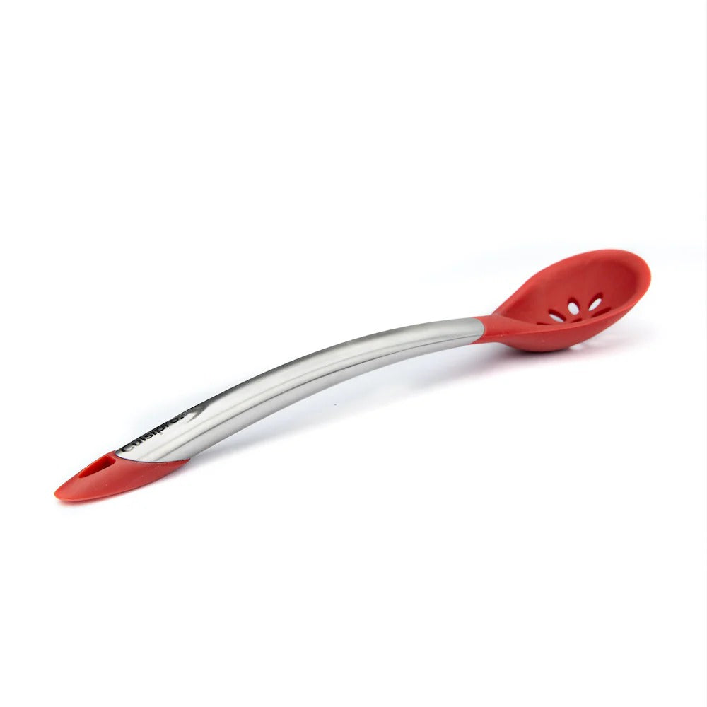 Piccolo silicone slotted spoon with red slotted head and long stainless handle
