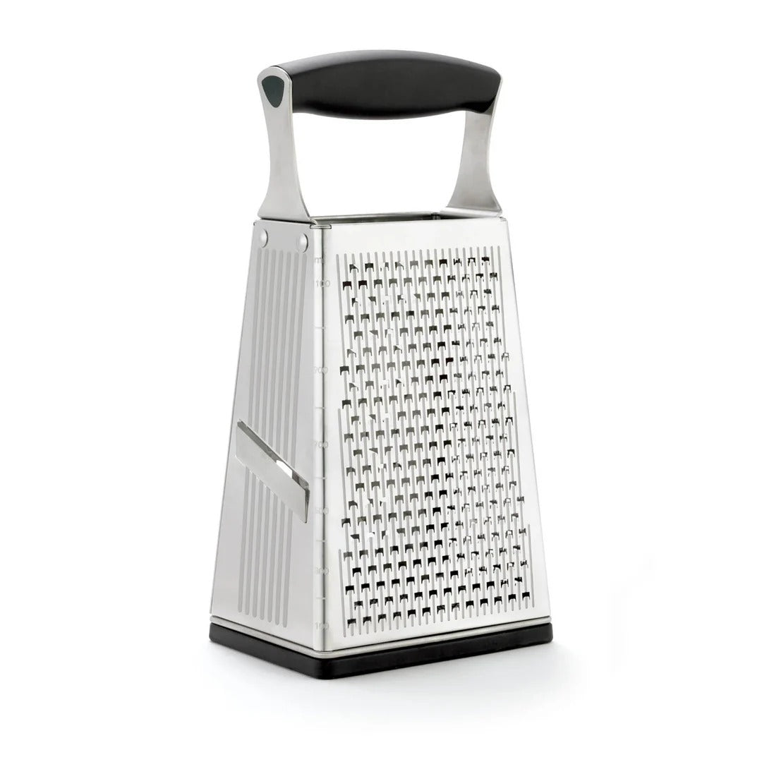 Stainless steel box grater with black handle and small-hole grating surface