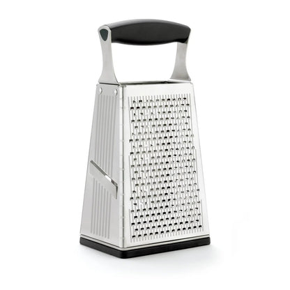 Stainless steel box grater with black handle and small-hole grating surface