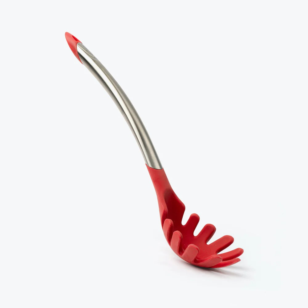 Silicone spaghetti server with grey handle and red slotted lifting head, upright
