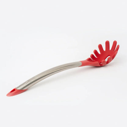 Silicone spaghetti server with red skimmer head and grey handle, angled side view