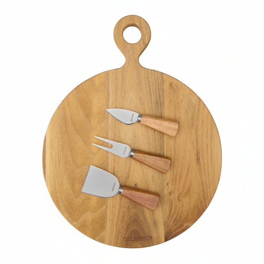 Wooden round cutting board with three cheese tools on a white background