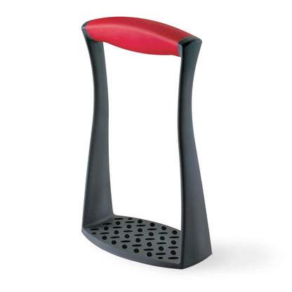 Red and dark-gray fiberglass potato masher with perforated base plate