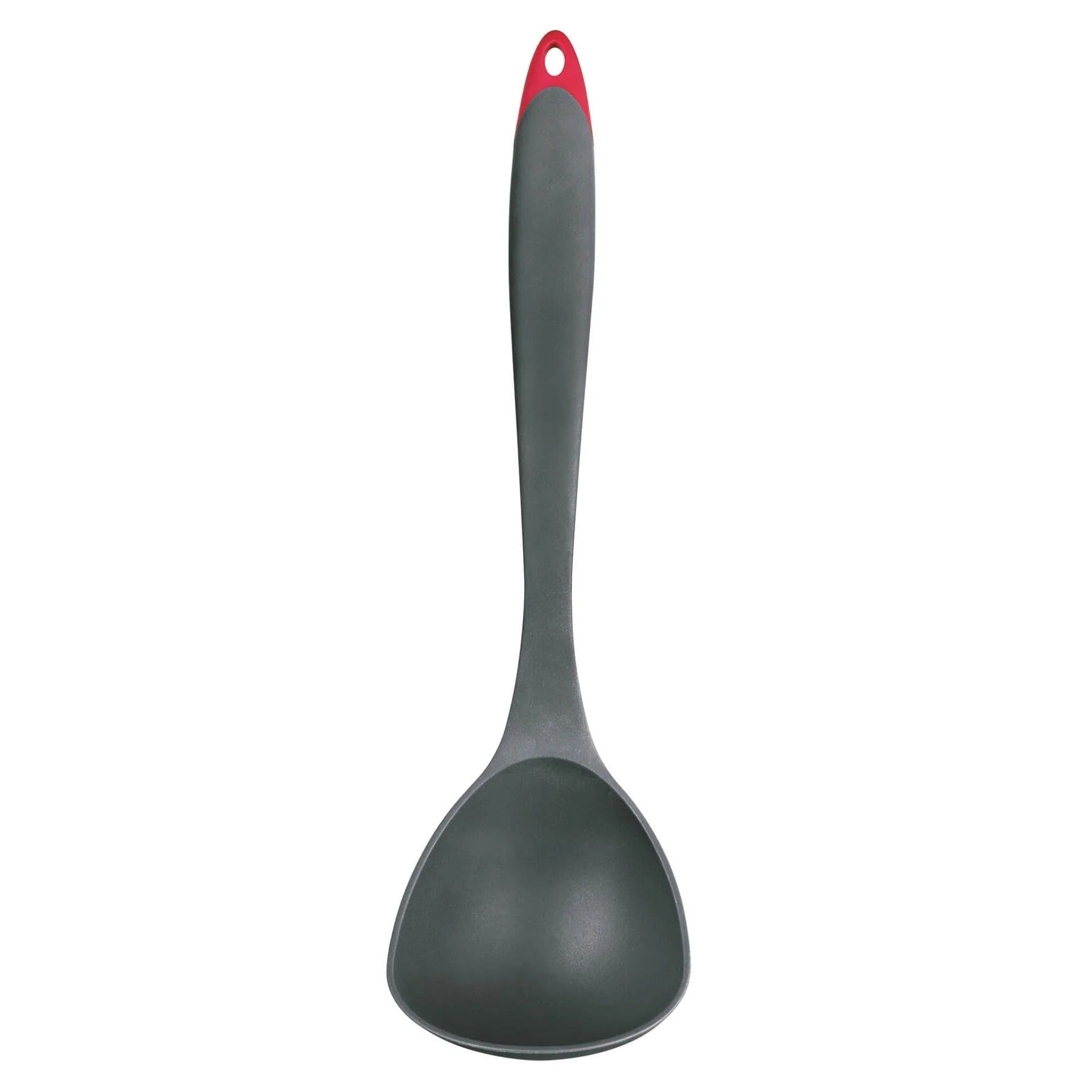 Fiberglass serving ladle with dark gray bowl and red handle top