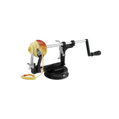 Apple peeler with spiral-sliced apple, black stand, silver crank handle, peel strips