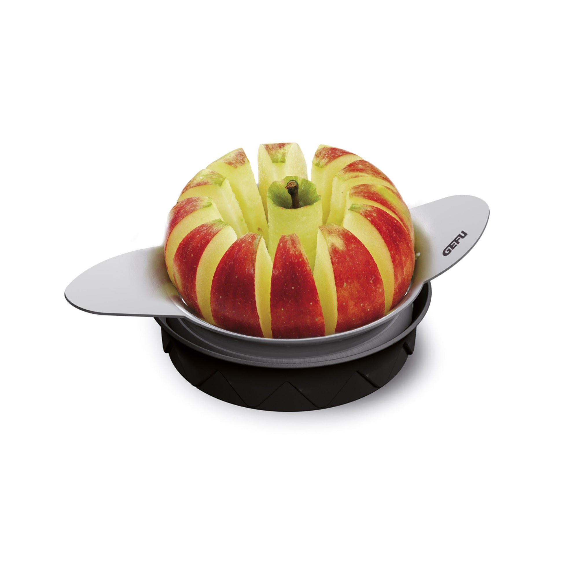 Tomato and apple slicer with slicing disk holding apple and red fruit slices