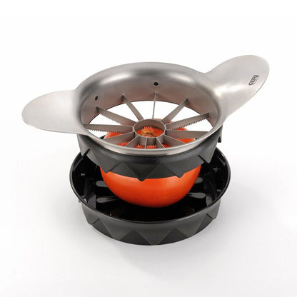 Tomato and apple slicer stainless blade ring with black base and tomato inside
