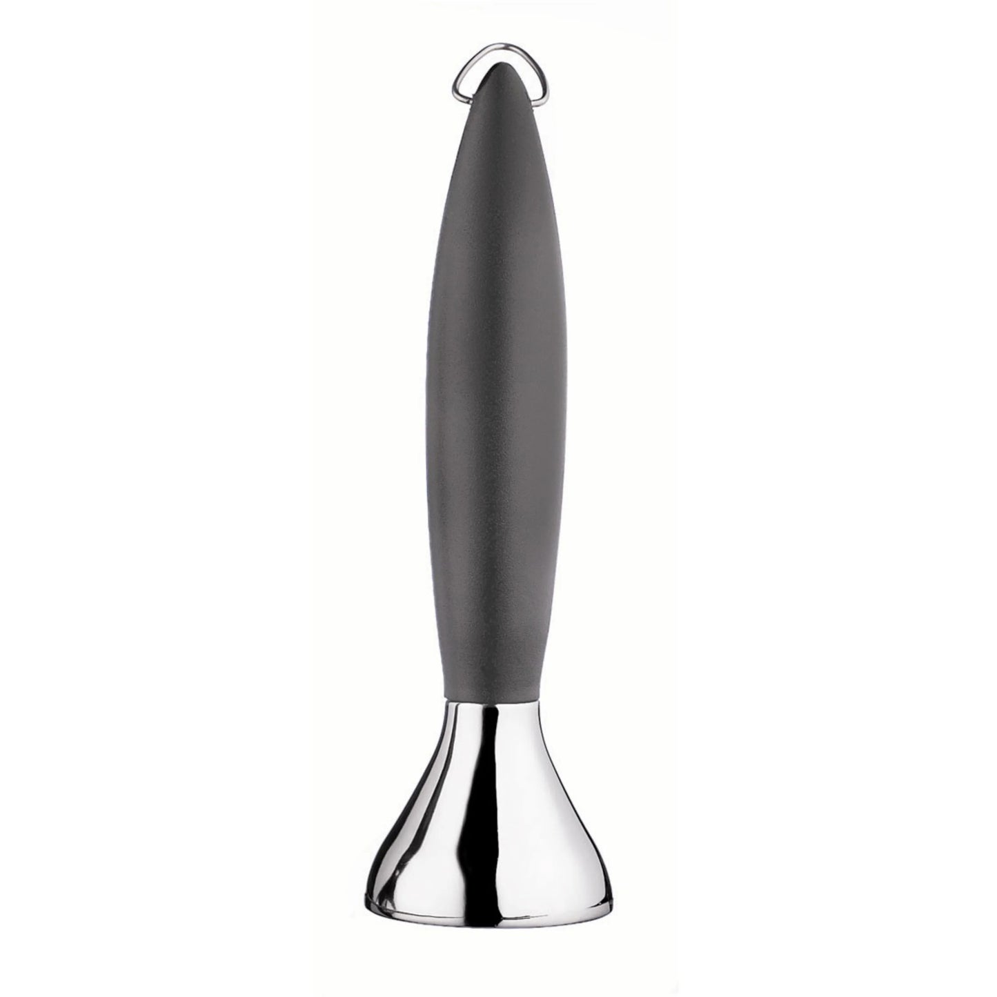 Coffee tamper with dark handle and shiny chrome base
