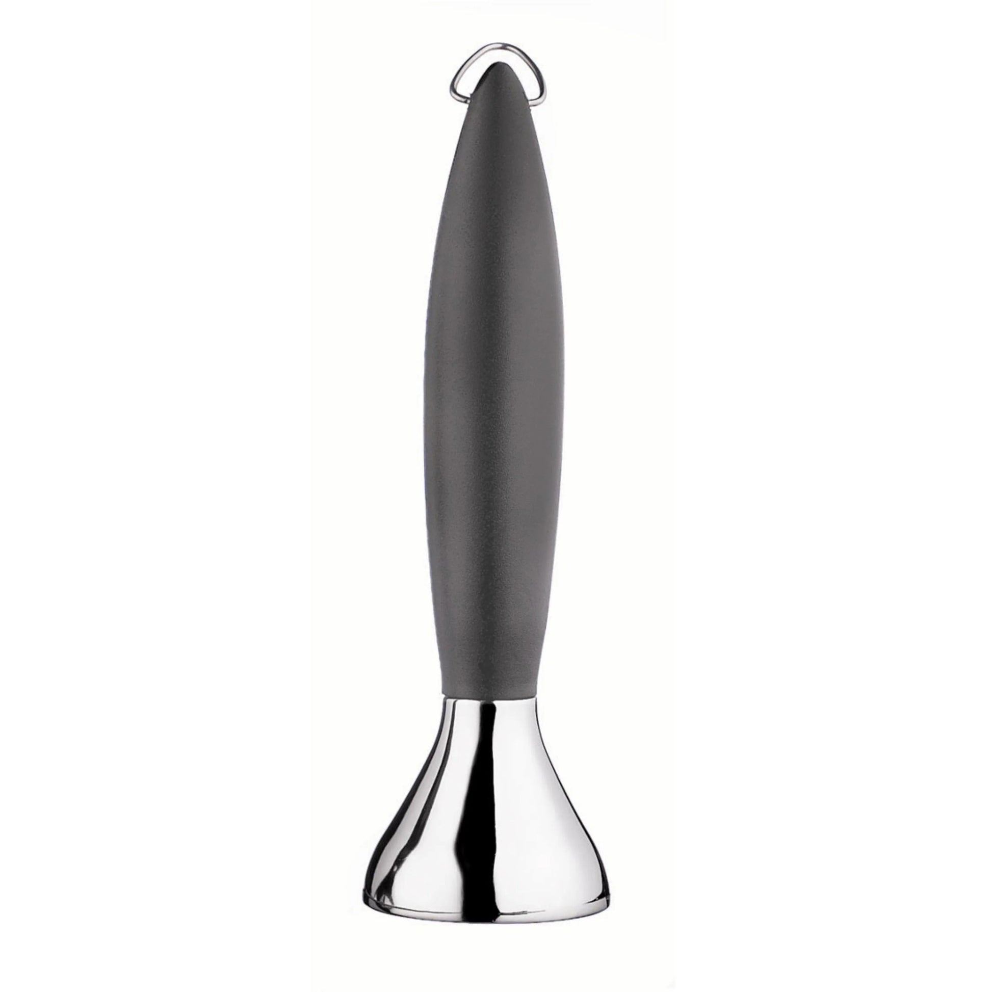 Coffee tamper with dark handle and shiny chrome base