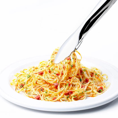 Locking tongs holding spaghetti over a white plate