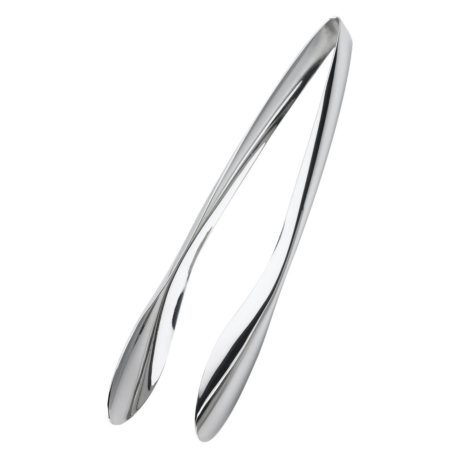 Shiny stainless steel tongs with two curved, pointed ends