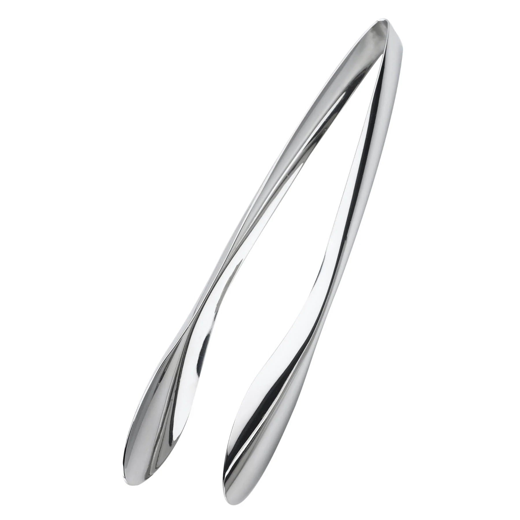 Shiny stainless steel tongs with two curved, pointed ends