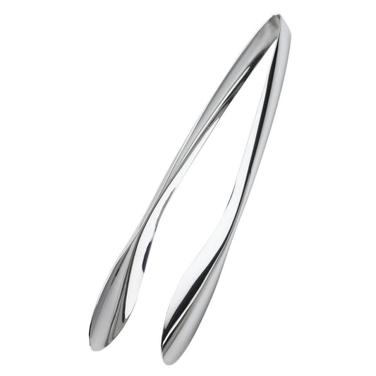Shiny stainless steel tongs with two curved, pointed ends