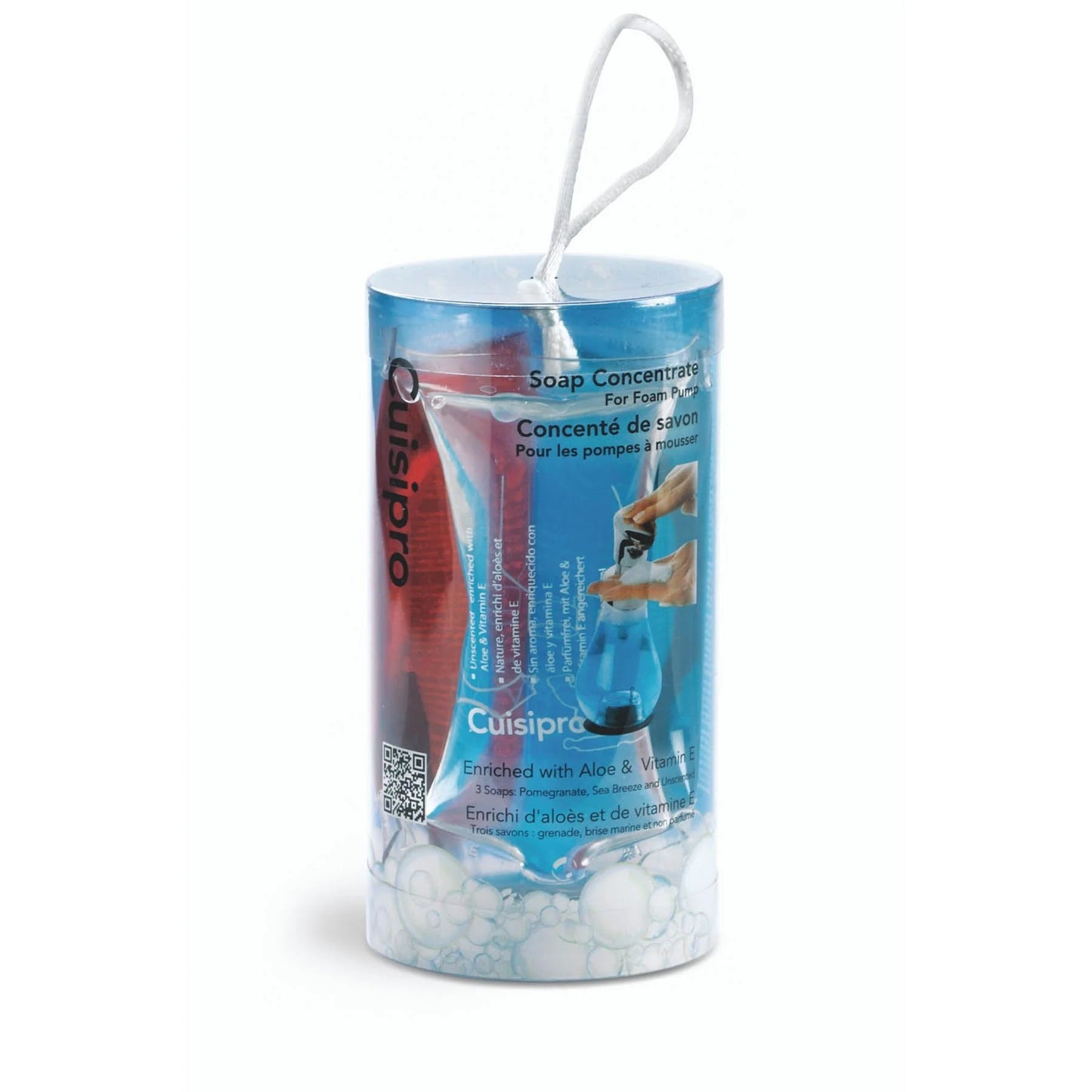 Soap concentrate canister with hanging loop handle and blue/red product label