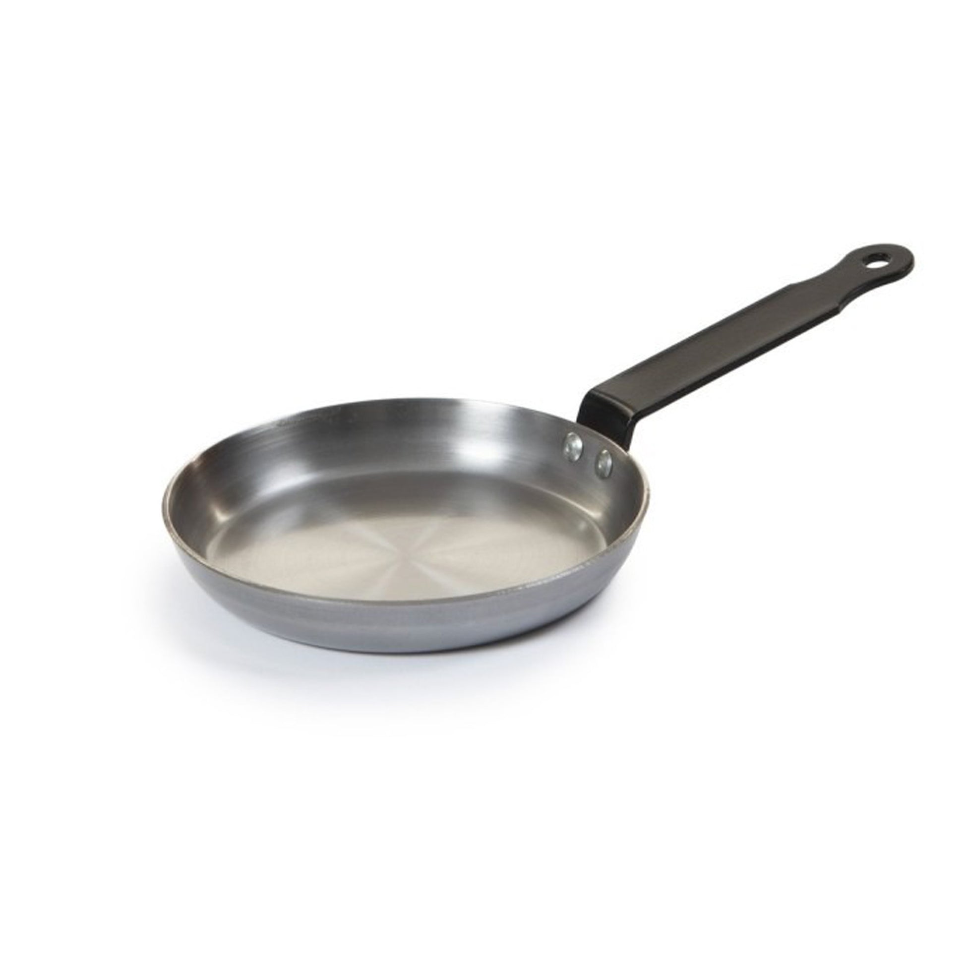 Round blinis frying pan with dark handle, stainless interior