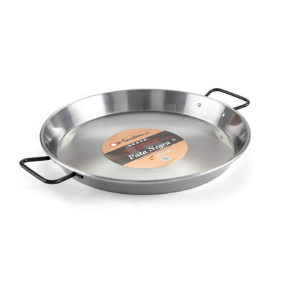 Stainless paella pan with two side handles, interior view with product label