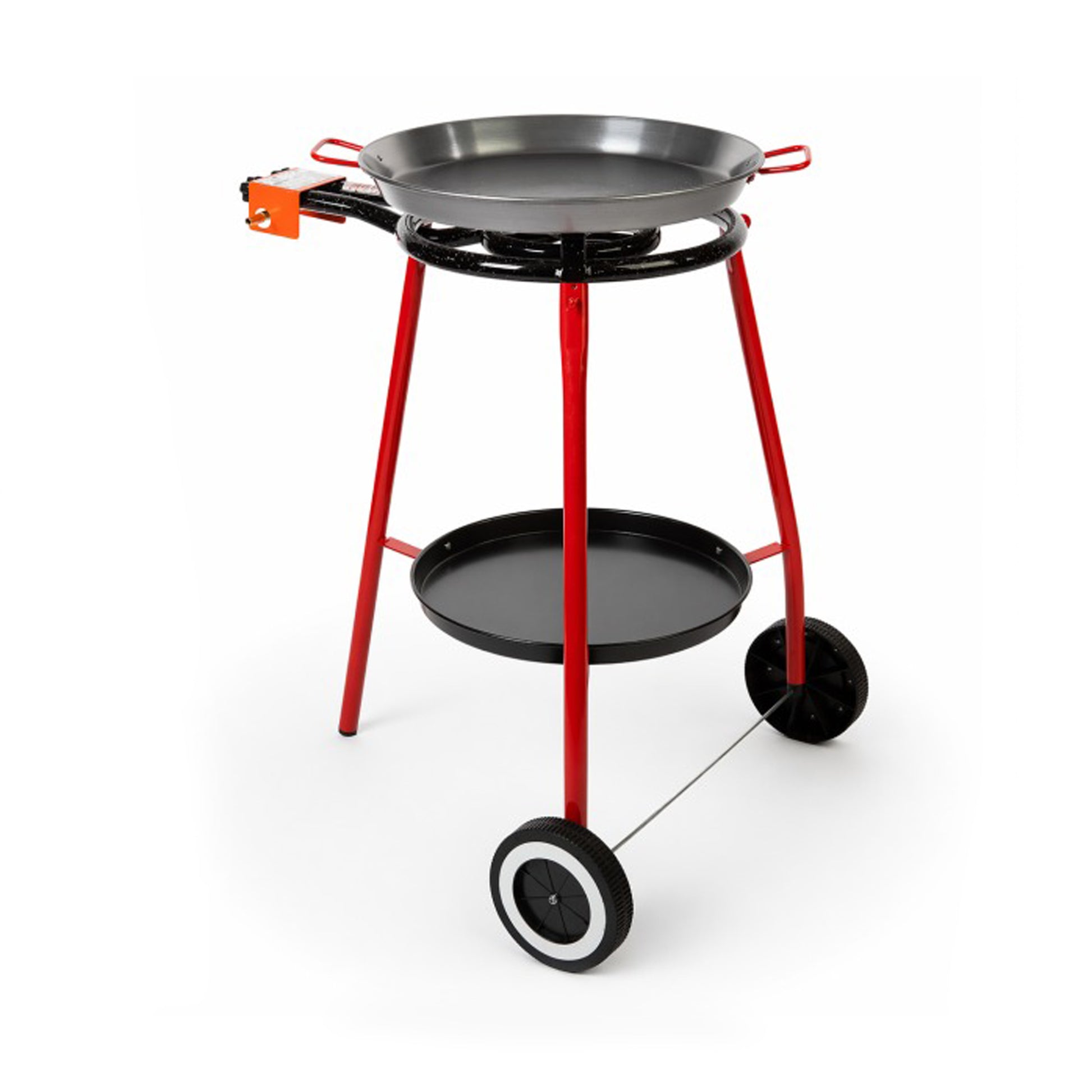 Red metal outdoor grill cart with two-tier black trays and wheel base