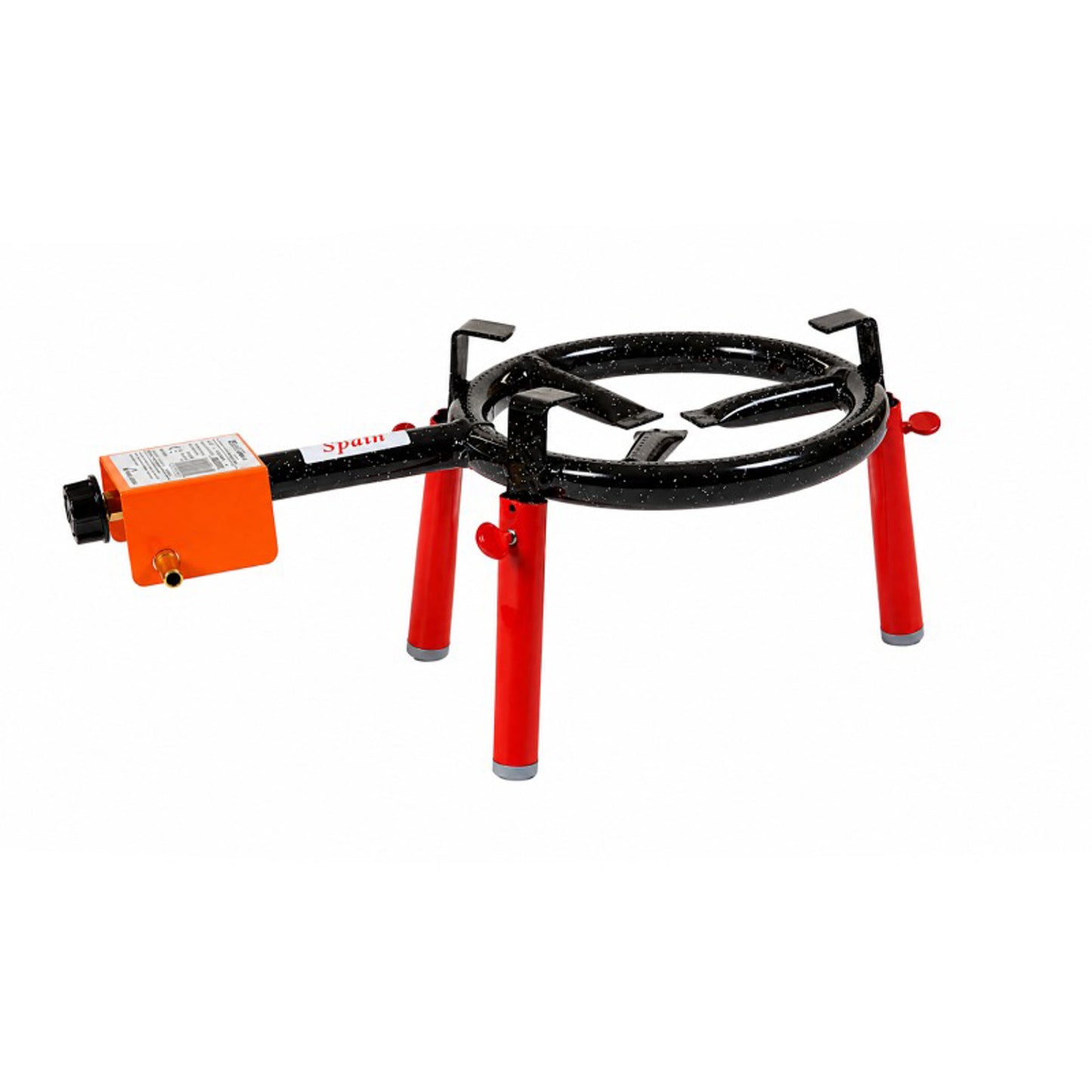 Tabletop stand with two red tubular legs and black circular support ring