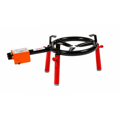 Tabletop stand with two red tubular legs and black circular support ring
