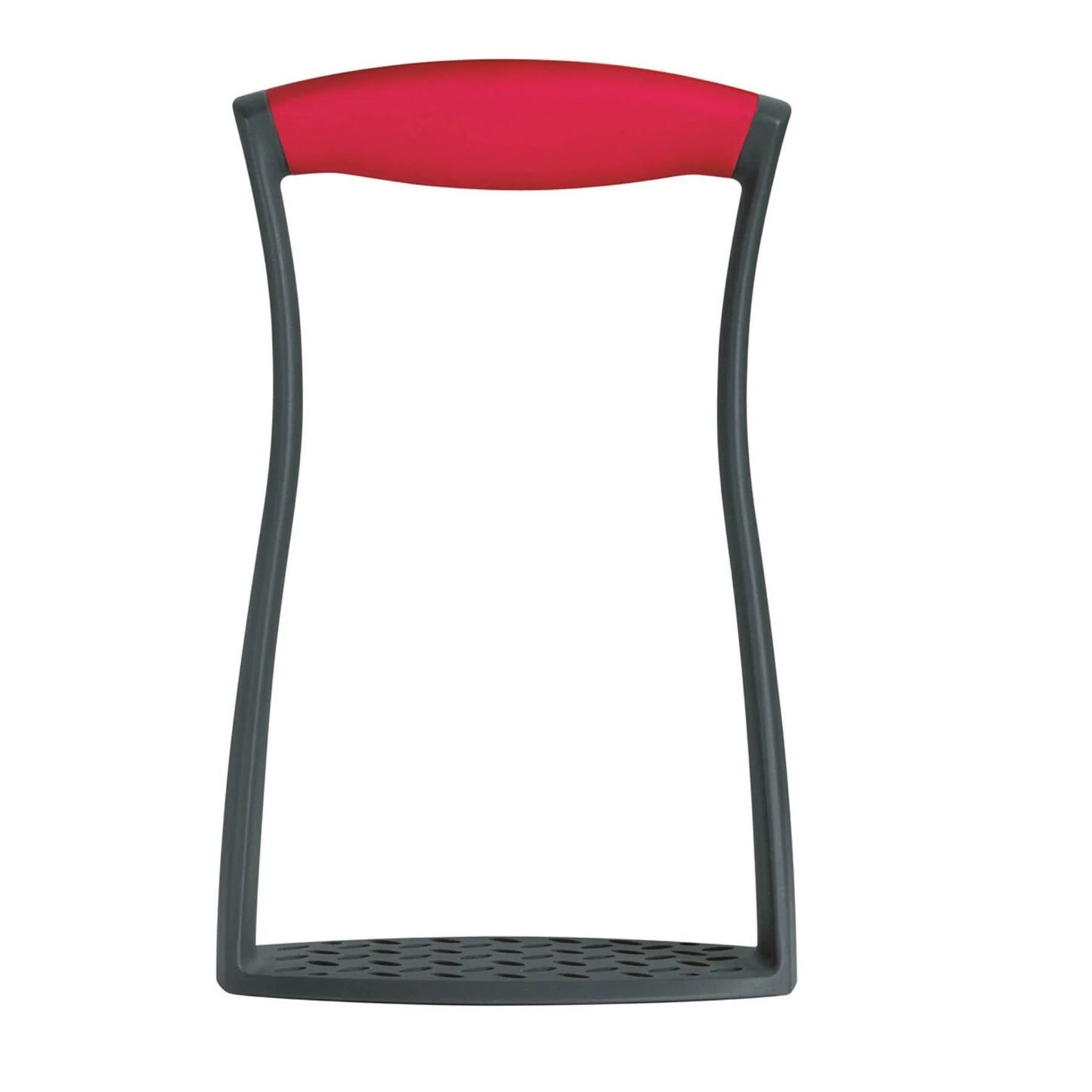 Dark-gray potato masher with red handle and perforated flat base