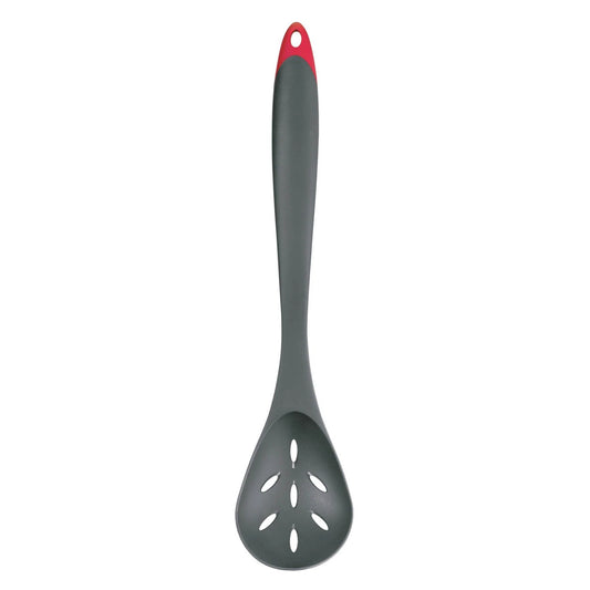 Dark gray fiberglass slotted spoon with red hang hole and round perforated head
