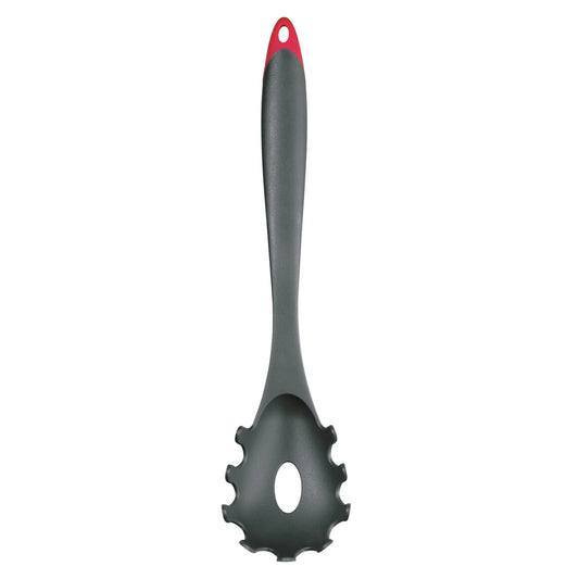 Spaghetti server with red-topped handle and gray slotted gear head