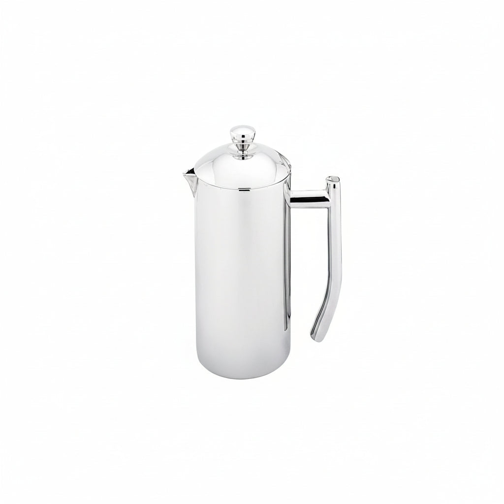 Silver coffee press on a white background