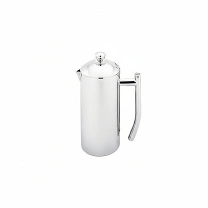 Silver coffee press on a white background