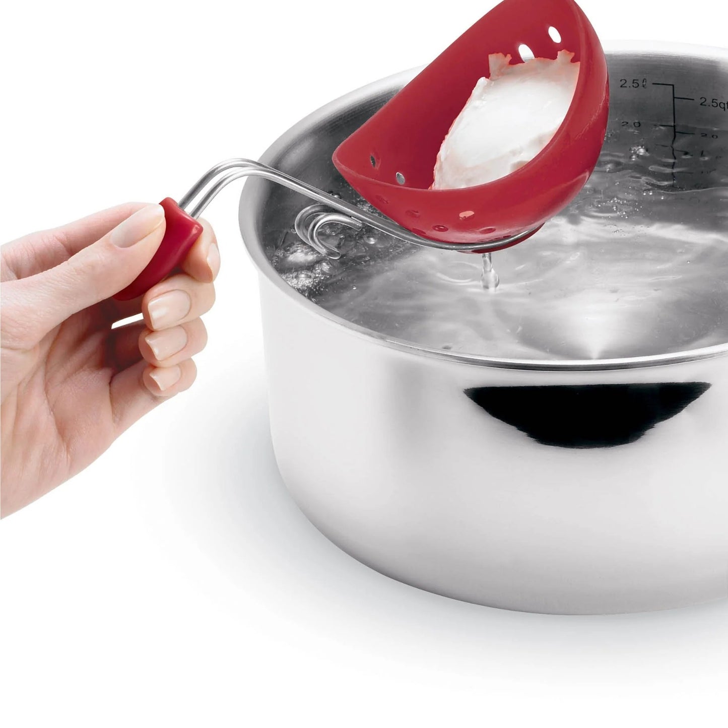 Red silicone egg poacher insert with stainless rim, held over a pot