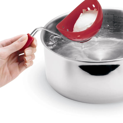 Red silicone egg poacher insert with stainless rim, held over a pot