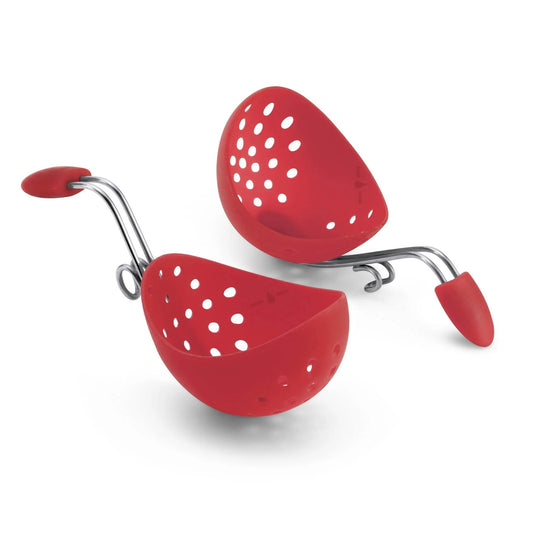 Set of two red silicone egg poachers with perforations and chrome handles