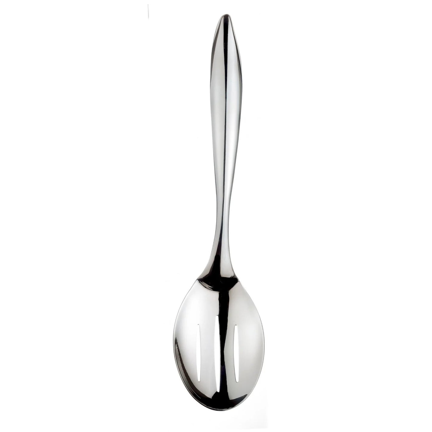 Mini slotted serving spoon, polished stainless steel with tapered bowl and long handle