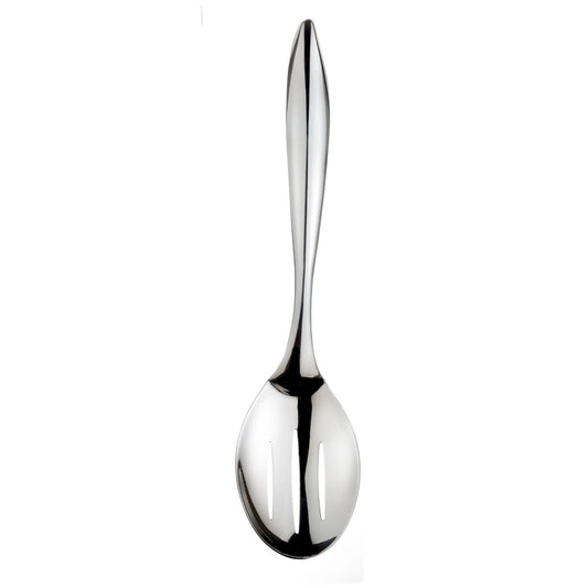 Mini slotted serving spoon, polished stainless steel with tapered bowl and long handle