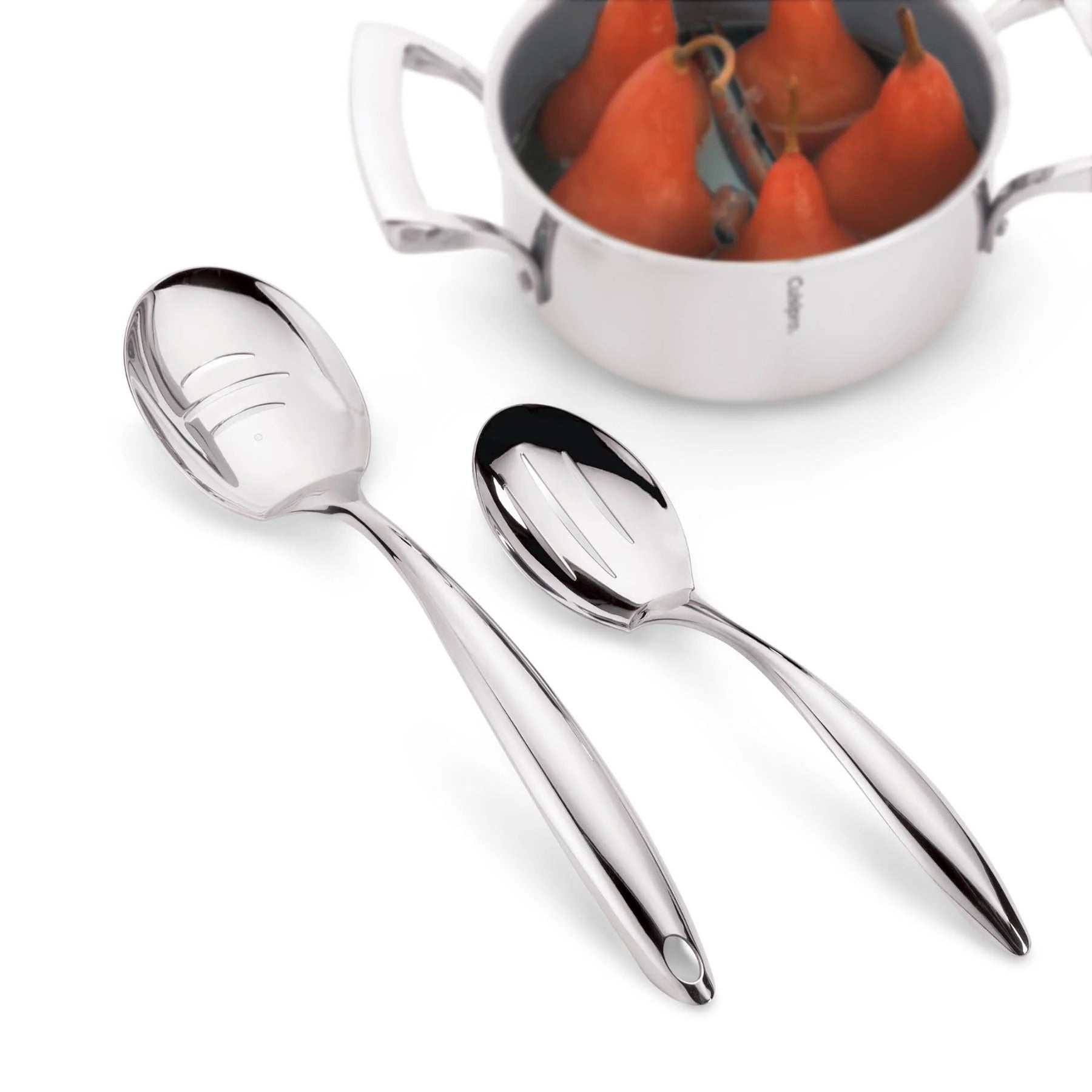 Two mini slotted serving spoons in polished stainless steel with long handles