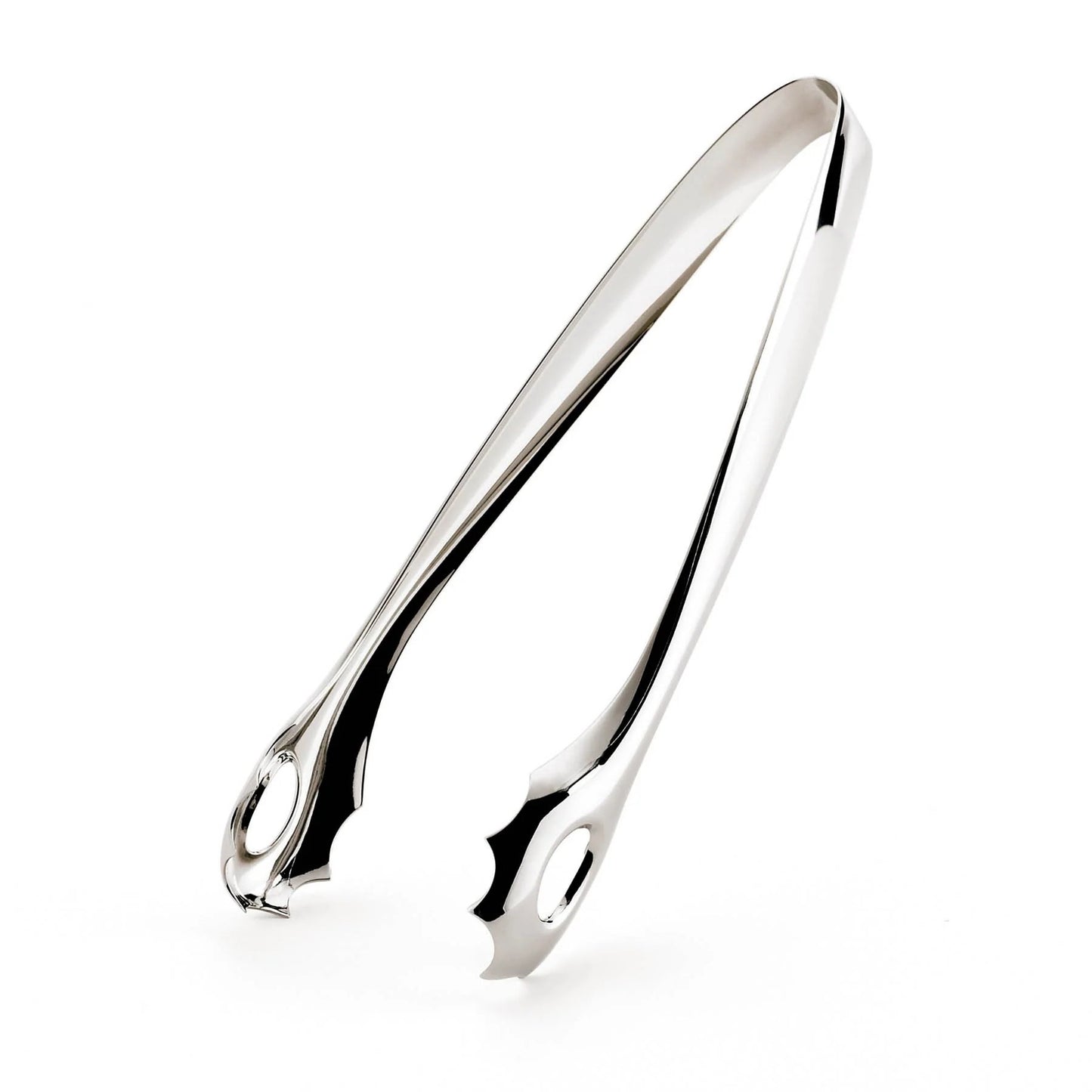 Stainless steel ice tongs with long gripping tips and scalloped edges