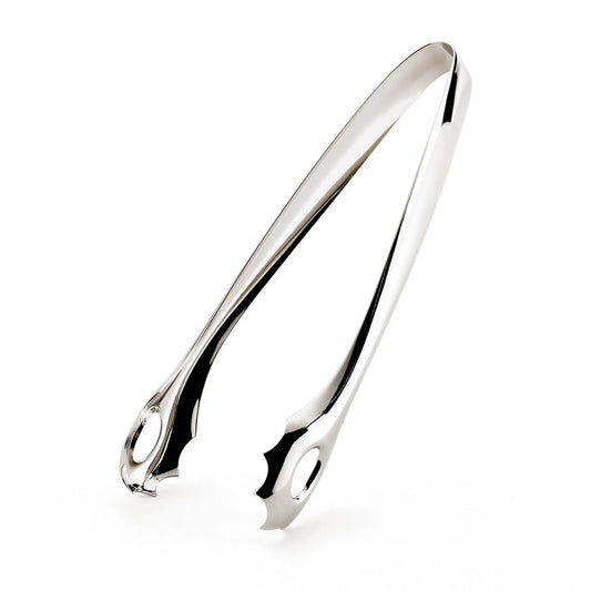 Stainless steel ice tongs with long gripping tips and scalloped edges
