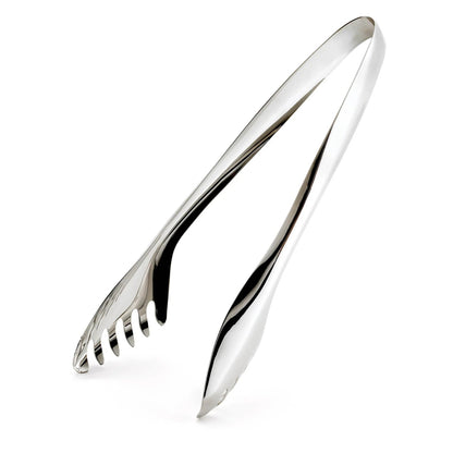 Stainless steel salad tongs, angled view, hinged arms with serrated tips