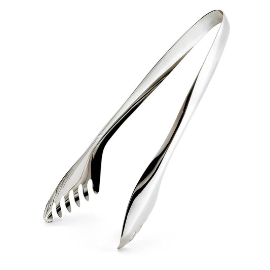 Stainless steel salad tongs, angled view, hinged arms with serrated tips