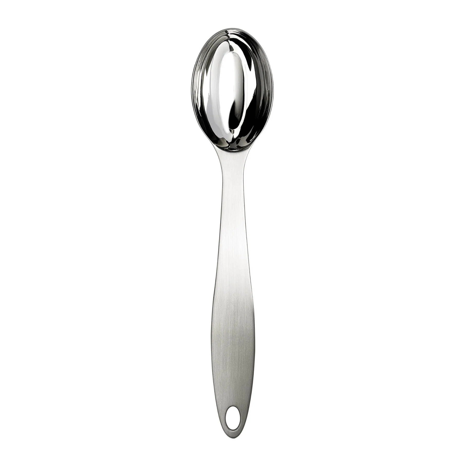 Stainless steel coffee scoop with oval bowl and curved handle