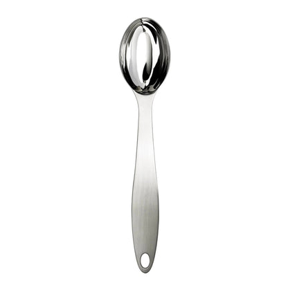 Stainless steel coffee scoop with oval bowl and curved handle