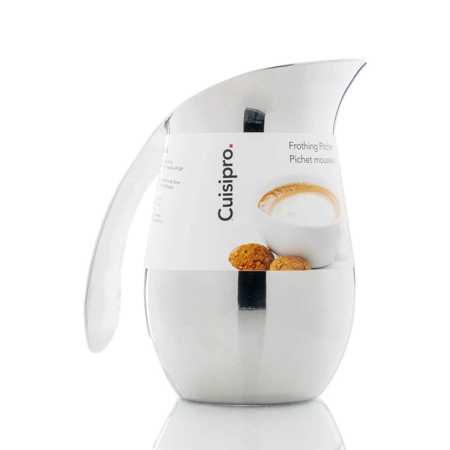 Milk frothing pitcher with curved spout, side handle, brushed stainless steel