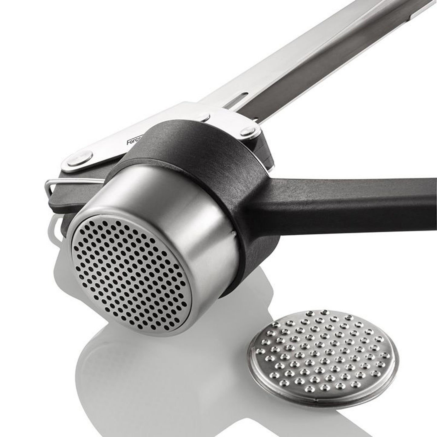 Stainless spaetzle press head with perforated disc and long handle bar