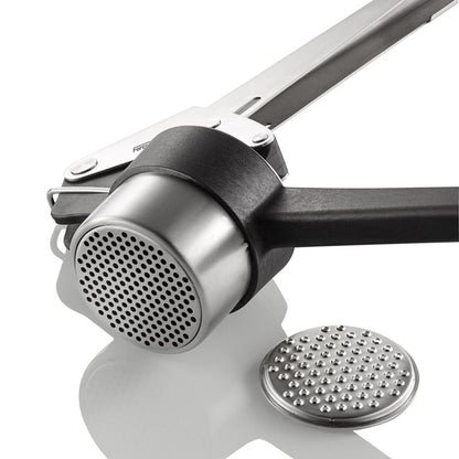 Stainless spaetzle press head with perforated disc and long handle bar