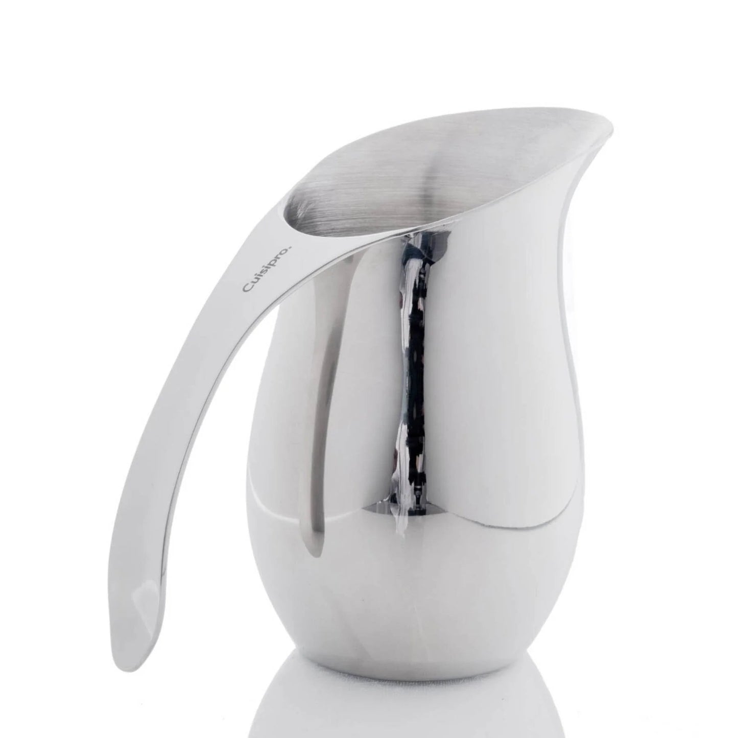 Stainless milk frothing pitcher with angled spout and integrated whisk arm