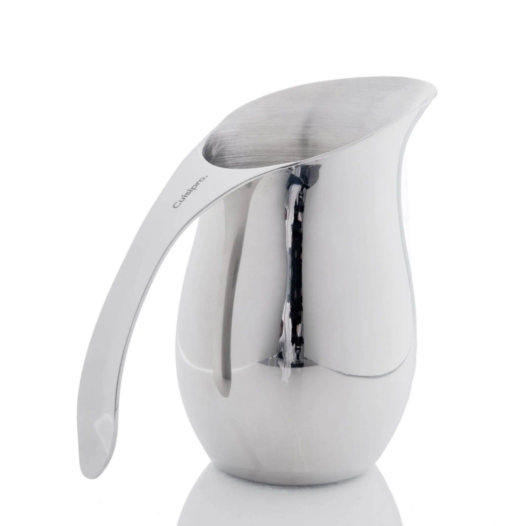 Stainless milk frothing pitcher with angled spout and integrated whisk arm